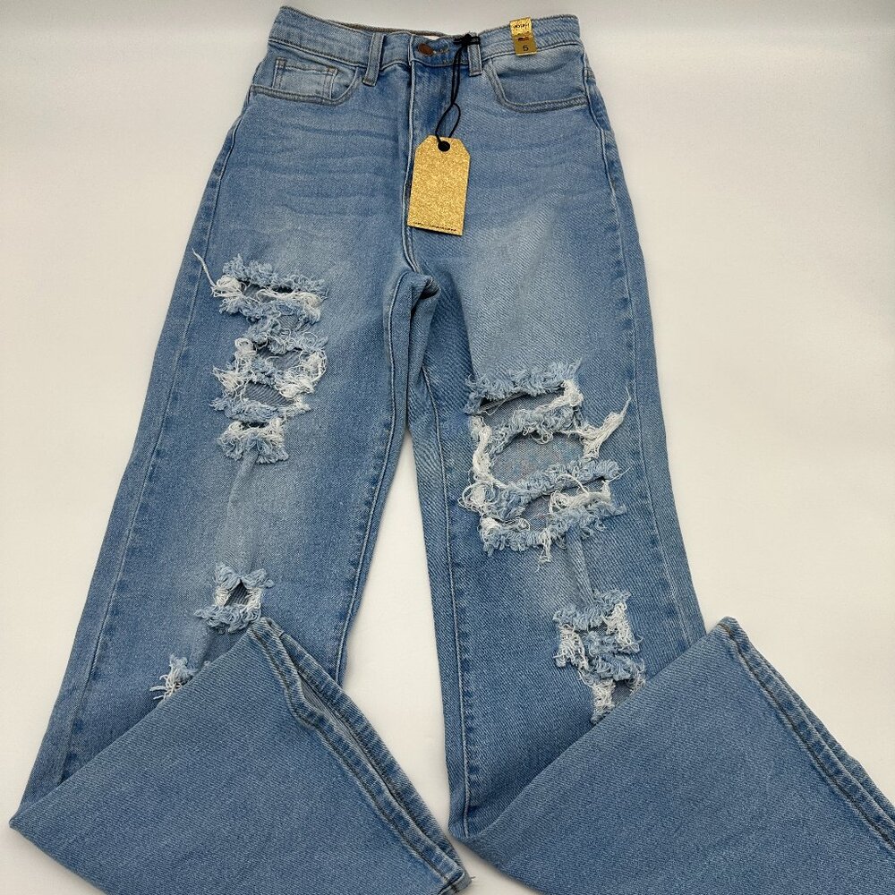 Vibrant M.I.U Distressed Hi-Rise Wide Leg Fit Jeans Blue Stretch